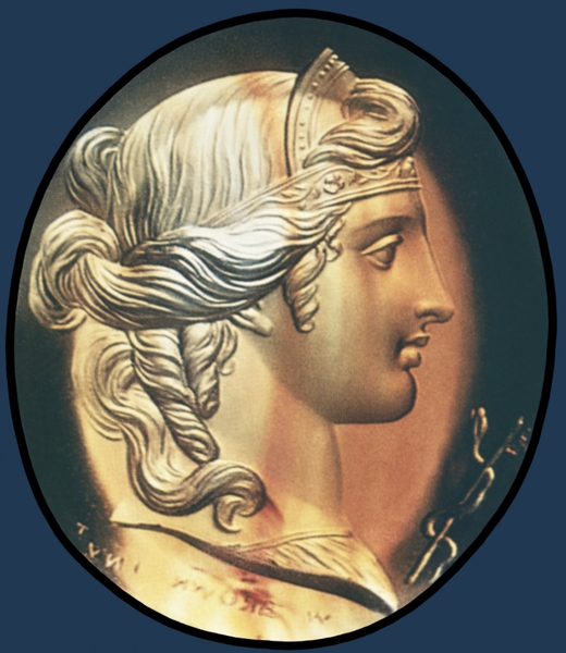 Гемма с профилем античной богини здоровья Гигеи, справа внизу изображение посоха Асклепия, обвитого змеей (Англия, XVIII в.)